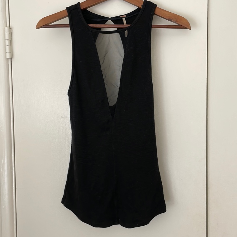Free People black shirt, mesh deep V cut.